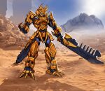  absurdres bionicle brutaka_(bionicle) claws commission frown helmet highres holding holding_sword holding_weapon horns looking_down mecha mecha_focus orange_eyes redesign robot second-party_source specter_l standing sword the_lego_group weapon 