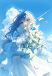  1girl absurdres ahoge blue_hair blue_sky blush bouquet clenched_teeth cloud collared_dress commission contrail corrupted_twitter_file cumulonimbus_cloud day dress english_text falling_petals flower frills green_eyes grin highres holding holding_bouquet holding_flower long_hair long_sleeves looking_at_viewer original outdoors petals ryane_(yry_0) sky smile solo teeth very_long_hair watermark white_dress white_flower 