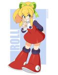  1girl absurdres android black_sleeves character_name dress green_eyes green_ribbon hair_ribbon highres index_finger_raised long_hair long_sleeves looking_at_viewer mega_man_(classic) mega_man_(series) nico-neko ponytail red_dress red_footwear ribbon roll_(mega_man) smile solo teeth twitter_username 