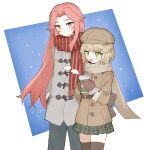  back_bow blonde_hair blush bow brown_coat coat cup green_eyes grey_coat hat heaven_burns_red highres holding holding_cup irene_redmayne looking_at_another maria_de_angelis night pants pleated_skirt red_scarf scarf short_hair skirt snow yuri 