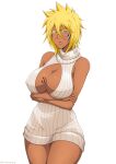  1girl absurdres alternate_costume arms_under_breasts arrancar artist_name bare_shoulders bleach blonde_hair breast_tattoo breasts cleavage cleavage_cutout clothing_cutout crossed_arms curvy dark-skinned_female dark_skin facepaint green_eyes highres large_breasts looking_at_viewer meme_attire mistowing no_bra number_tattoo revealing_clothes ribbed_sweater short_hair simple_background sleeveless sleeveless_sweater solo sweater tattoo tier_harribel turtleneck turtleneck_sweater virgin_killer_sweater white_background white_sweater 