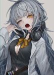  1girl black_choker breasts choker corked_bottle grey_hair headphones headphones_around_neck highres kajaneko long_hair looking_at_viewer medium_breasts no_bra one_eye_closed open_mouth original solo test_tube white_background yellow_eyes 