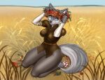2021 anthro anutka barefoot biped black_nose blue_eyes blue_sky bottomwear breasts brown_clothing brown_topwear canid canine canis claws clothed clothing countershade_face countershade_fur countershading day digital_media_(artwork) eyelashes facial_scar feet female field finger_claws full-length_portrait fully_clothed fur grey_body grey_fur head_wreath hi_res hindpaw kneeling leaf_crown looking_at_viewer mammal outside pants pawpads paws pink_pawpads plant portrait scar shaded sky soft_shading solo tail topwear white_body white_countershading white_fur wolf yuki_(blackinkwolf)