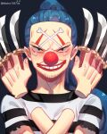  1boy artist_name bbzico1267 black_eyes blue_hair buggy_the_clown clown_nose commentary_request facepaint facial_hair high_ponytail highres holding holding_knife holding_weapon knife long_hair looking_at_viewer male_focus official_alternate_costume one_piece ponytail prison_clothes red_nose shirt short_sleeves signature smile solo striped_clothes striped_shirt teeth weapon 