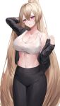  1girl absurdres black_jacket black_pants black_survival blonde_hair breasts character_request cleavage collarbone commentary_request cowboy_shot crop_top head_tilt highres jacket large_breasts leggings long_hair long_sleeves mea_(hwaksal) midriff navel open_clothes open_jacket pants parted_lips ponytail purple_eyes simple_background single_bare_shoulder solo sports_bra standing stomach thighs very_long_hair white_background 