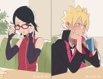 1boy 1girl black_eyes black_hair black_jacket black_sleeves blonde_hair blue_eyes blush boruto:_naruto_next_generations cubur_ns cup detached_sleeves disposable_cup facial_mark fingernails glasses hashtag_only_commentary head_rest holding holding_cup jacket long_sleeves looking_at_another naruto_(series) red-framed_eyewear short_hair sitting spiked_hair table twitter_username uchiha_sarada uzumaki_boruto 