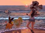  1girl absurdres black_vest black_wristband blue_shorts boots brown_hair commentary hat high_ponytail highres hilda_(pokemon) long_hair oshawott outdoors pokemon pokemon_bw sand shirt shore shorts sidelocks snivy socks standing starter_pokemon_trio tepig twilight vest water white_headwear white_shirt xtransceiver zai_(3333333333353pk) 