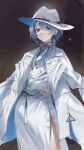  1girl absurdres blue_eyes blue_hair blue_headwear coat coat_on_shoulders contrapposto crossed_arms earrings fudepenbrushpen hair_between_eyes hair_over_shoulder hashtag_only_commentary hat_ornament highres hololive hoshimachi_suisei hoshimachi_suisei_(8th_costume) jewelry long_hair long_skirt looking_at_viewer low_ponytail partially_unzipped shirt skirt solo white_coat white_headwear white_shirt white_skirt zipper zipper_pull_tab 
