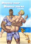  2boys :d absurdres ass bara beach bodysuit bulge bulge_to_ass carrying carrying_person character_request cover cover_page dark-skinned_male dark_skin diving_suit doujin_cover facial_hair feet_out_of_frame goatee highres interracial large_pectorals lupin_barnabi male_focus mature_male multiple_boys muscular muscular_male paid_reward_available pectorals pokemon pokemon_(creature) sand short_hair smile standing surge_(pokemon) tearing_clothes thick_eyebrows torn_clothes wetsuit yaoi 