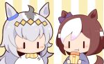  2girls :t animal_ears blue_shirt blush_stickers bow brown_hair chibi closed_mouth ear_bow eating food gomashio_(goma_feet) grey_hair holding holding_food horse_ears horse_girl horse_tail motion_lines multicolored_hair multiple_girls oguri_cap_(umamusume) purple_bow shirt special_week_(umamusume) striped_background tail two-tone_hair umamusume upper_body wavy_mouth white_hair white_shirt |_| 