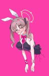  1girl animal_ears black_leotard blue_archive blush breasts brown_eyes brown_hair detached_collar fake_animal_ears glasses hair_ornament highres large_breasts leotard long_hair moe_(blue_archive) open_mouth pink_background rabbit_ears rabbit_hole_(vocaloid) rco_as round_eyewear simple_background smile twintails white_background x_hair_ornament 