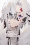  1boy allen_walker bishounen blue_eyes closed_mouth d.gray-man hair_between_eyes heridy looking_at_viewer male_focus mask_over_one_eye pale_skin portrait scar scar_on_face short_hair solo white_background white_fur white_hair 