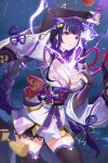  1girl absurdres braid breasts cleavage drawing_sword electricity genshin_impact hair_ornament highres holding holding_sword holding_weapon human_scabbard japanese_clothes kimono large_breasts libero_art long_hair looking_at_viewer mole mole_under_eye musou_isshin_(genshin_impact) obi purple_eyes purple_hair purple_kimono purple_nails raiden_shogun sash smile solo sword sword_between_breasts weapon 