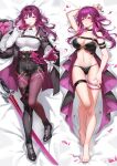  1girl absurdres arm_strap bare_shoulders bed_sheet black_jacket blush breasts choker cleavage collared_shirt dakimakura_(medium) eyewear_on_head full_body gloves hair_between_eyes highres honkai:_star_rail honkai_(series) jacket kafka_(honkai:_star_rail) libero_art long_hair long_sleeves looking_at_viewer looking_up lying medium_breasts multiple_views navel on_back panties pantyhose purple_eyes purple_gloves purple_hair round_eyewear shirt shorts smile sunglasses thigh_strap thighs underwear white_shirt 