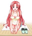  apron artist_request blush breasts brown_eyes cleavage large_breasts long_hair looking_at_viewer mahou_sensei_negima! mole naba_chizuru naked_apron official_style red_hair seiza sitting slippers solo 