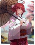  1girl absurdres ahoge alternate_costume alternate_hairstyle blurry blurry_background breasts cherry_blossoms closed_mouth cowboy_shot english_commentary flower goddess_of_victory:_nikke hair_between_eyes hair_flower hair_ornament highres holding holding_umbrella japanese_clothes kimono large_breasts long_sleeves looking_at_viewer nihilister_(nikke) obi oil-paper_umbrella pink_kimono print_kimono red_eyes red_hair sash sidelocks signature sivarkart smile solo standing tree umbrella waving web_address 