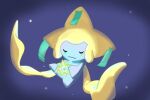  1other closed_eyes closed_mouth colored_skin commentary floating full_body glowing holding jirachi koma_sk other_focus pokemon pokemon_(creature) purple_background simple_background small_stellated_dodecahedron solo u_u white_skin 