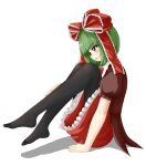  1girl black_thighhighs blunt_bangs bow doge_(jkdoge) frilled_ribbon frills front_ponytail green_eyes green_hair hair_bow hair_ribbon highres kagiyama_hina no_shoes puffy_short_sleeves puffy_sleeves red_bow red_ribbon ribbon short_sleeves simple_background smile solo thighhighs touhou white_background 