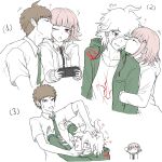  1girl 2boys 7cs_(congchuabuoito) :d ;o ahoge blush breast_pocket brown_hair cropped_torso danganronpa_(series) danganronpa_2:_goodbye_despair galaga green_jacket green_necktie hair_ornament handheld_game_console hetero highres hinata_hajime holding holding_handheld_game_console hood hood_down hooded_jacket jacket kiss kissing_cheek komaeda_nagito medium_hair messy_hair multiple_boys multiple_views nanami_chiaki necktie one_eye_closed pocket pushing_away short_hair short_sleeves smile upper_body 