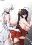  2girls absurdres against_wall ahoge artist_name azur_lane black_hair blue_eyes breasts breasts_out brown_thighhighs censored commentary cum dress ejaculation erection from_side futa_with_futa futanari gradient_background grey_background highres huge_breasts illustrious_(azur_lane) japanese_clothes kimono long_hair looking_at_viewer mask mask_on_head mosaic_censoring multiple_girls nipples open_mouth puffy_nipples red_eyes red_kimono sex sex_from_behind short_kimono simple_background standing standing_sex taihou_(azur_lane) thighhighs tongue tongue_out ueyama_0clock very_long_hair white_dress white_hair white_thighhighs zettai_ryouiki 