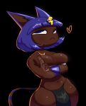 2024 :&lt; animal_crossing animal_humanoid ankha_(animal_crossing) bandeau bangs belly big_breasts black_background black_bottomwear black_clothing black_loincloth blue_claws blue_eyes blue_hair bob_cut bottomwear bracelet breasts cat_humanoid claws cleavage cleavage_overflow clothed clothing crossed_arms dark_body dark_skin felid felid_humanoid feline feline_humanoid female glistening glistening_body glistening_skin gold_(metal) gold_jewelry gold_necklace hair heart_symbol hi_res huge_thighs humanoid humanoidized jewelry kitakat loincloth mammal mammal_humanoid markings necklace nintendo noseless portrait simple_background skimpy solo striped_markings striped_tail stripes tail tail_markings thick_thighs three-quarter_portrait three-quarter_view topwear uraeus wide_hips wraps