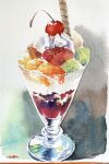  cherry cream food fruit glass highres kiwi_(fruit) kiwi_slice no_humans orange_(fruit) original painting_(medium) parfait realistic shibakaka still_life strawberry strawberry_slice traditional_media watercolor_(medium) 