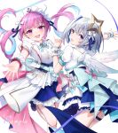  2girls ahoge amane_kanata angel_wings blue_hair blush breasts colored_inner_hair feathered_wings grey_hair hair_ornament hair_ribbon halo highres hololive hololive_idol_uniform_(bright) idol idol_clothes long_hair minato_aqua multicolored_hair multiple_girls open_mouth pink_hair purple_eyes purple_hair qiaogun_damodao ribbon short_hair single_hair_intake skirt star_halo streaked_hair twintails two-tone_hair virtual_youtuber wings wrist_cuffs 