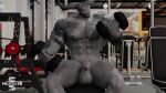 2_horns abs arm_tattoo balls dragon_age exercise eye_patch eyewear genitals helices3d hi_res horn humanoid iron_bull male muscular muscular_humanoid muscular_male pecs penis qunari scar solo tattoo weightlifting weights workout
