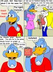 anthro blonde_hair blue_body blue_fur blue_hair breasts clothed clothing comic dialogue dress english_text female fluffy fluffy_tail fur group hair kthanid_(artist) male male/female mammal martin_mink midriff mink monica_(rutwell) monotreme mustelid musteline platypus rutwell_forest sheila_platypus shelby_platypus shirt tail tank_top text tongue topwear true_musteline white_body white_fur yellow_tail
