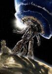  absurdres bionicle desert fighting great_spirit_robot ground_shatter highres looking_down mecha no_humans ocean open_hands orange_eyes planet pushing robot shockwave space squaredmich star_(symbol) sun the_lego_group water waving 