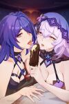  2girls acheron_(honkai:_star_rail) bare_arms bare_shoulders black_swan_(honkai:_star_rail) breasts cleavage commentary_request food hair_over_one_eye highres holding holding_food honkai:_star_rail honkai_(series) long_hair medium_breasts multiple_girls open_mouth popsicle purple_eyes purple_hair sexually_suggestive shiro_font tongue tongue_out upper_body 