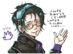  1boy black_hair glasses gnosia goggles green_hair happy jacket jewelry long_sleeves lowres male_focus multicolored_hair necklace sha-ming shirt short_hair smile solo translation_request two-tone_hair upper_body user_zujf4425 zipper 