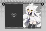  1girl :d ahoge animal_ears argyle_background arm_at_side bad_id bad_twitter_id bare_shoulders black_shirt black_thighhighs commentary_request dorodra_(kisaragi_kaya) dripping fang full_body grey_background hair_flaps hand_up heart jitome kisaragi_kaya leaning_forward long_hair long_sleeves looking_at_viewer off-shoulder_sweater off_shoulder open_mouth original shirt skin_fang sleeveless sleeveless_shirt sleeveless_turtleneck sleeves_past_fingers sleeves_past_wrists slit_pupils smile solo sweater tentacle_hair thick_eyebrows thighhighs translation_request turtleneck turtleneck_shirt very_long_hair white_hair white_sweater wide_sleeves yellow_eyes zettai_ryouiki 