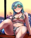  1girl absurdres animal_print aqua_hair artist_logo bikini cityscape commentary_request feet_out_of_frame green_eyes hair_ornament hairclip highres kantai_collection long_hair mountain parted_lips scenery sitting smile solo sunset suzuya_(kancolle) swimsuit table tiger_print white_bikini yellow_quokka 