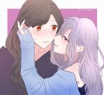  2girls absurdres adjusting_another&#039;s_hair alternate_costume black_hair blush braid commentary_request couple eyes_visible_through_hair grey_hair hair_down hair_over_one_eye hand_on_another&#039;s_cheek hand_on_another&#039;s_face hand_on_another&#039;s_head highres long_braid long_hair looking_at_another mole mole_under_eye multiple_girls nijisanji orange_eyes purple_eyes shirayuki_tomoe single_braid sukoya_kana surprised virtual_youtuber yuri yuri_kyanon 