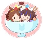  2girls :3 blue_hair blush_stickers brown_hair cherry chibi closed_mouth crescent cup daitaku_helios_(umamusume) fang fang_out food fruit gomashio_(goma_feet) green_shirt hair_between_eyes hair_ornament hairclip heart in_container in_cup mejiro_palmer_(umamusume) mini_person minigirl multicolored_hair multiple_girls parted_bangs pink_background ponytail raglan_sleeves shirt side_ponytail smile star_(symbol) star_hair_ornament strawberry streaked_hair two-tone_background umamusume wafer_stick white_background white_hair white_shirt |_| 