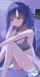  1girl absurdres ass aur_hkgn blue_archive blush bra breasts cellphone cleavage closed_mouth grey_bra highres large_breasts long_hair phone purple_eyes purple_hair smartphone solo two_side_up underwear yuuka_(blue_archive) 