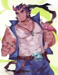  1boy bara belt blue_hair broken_horn covered_abs covered_navel cowboy_shot dark_blue_hair demon_boy demon_horns facial_hair goatee_stubble hammer horns huge_eyebrows hydaus large_pectorals male_focus muscular muscular_male mutton_chops one_eye_closed pectoral_cleavage pectorals pointing pointing_at_viewer short_hair sketch smile solo stubble takemaru_(housamo) tokyo_afterschool_summoners tusks 