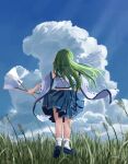  1girl absurdres blue_footwear blue_skirt blue_sky commentary detached_sleeves english_commentary from_behind gohei grass green_hair highres holding kochiya_sanae long_hair ourie outdoors ribbon-trimmed_sleeves ribbon_trim skirt sky socks solo touhou white_socks 