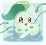  :d artist_name border chikorita colored_skin commentary_request green_skin highres iwasi_29 leaf no_humans open_mouth outside_border plant pokemon pokemon_(creature) red_eyes smile tail twitter_username vines white_border 