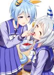  2girls animal_ears blue_eyes blue_hair blush bowl breasts closed_eyes collarbone commentary_request feeding food grey_hair highres hishi_miracle_(umamusume) horse_ears horse_girl horse_tail k.s.miracle_(umamusume) kamelie medium_breasts medium_hair multiple_girls open_mouth school_uniform short_hair simple_background tail tracen_school_uniform umamusume white_background 