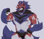 2024 5_fingers abs anthro anthrofied biceps biped black_nipples blue_body blue_fur blue_nose blue_pubes blue_tail bulge bweno_v claws clothed clothing colored fingers fur generation_8_pokemon hi_res humanoid_hands legendary_pokemon male muscular muscular_anthro muscular_male navel nintendo nipples pokemon pokemon_(species) pubes red_body red_eyes red_fur solo speedo speedo_only swimwear tail topless white_body white_fur zamazenta