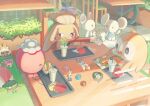  bowl bright_pupils burger chair cinderace commentary_request cup dartrix decidueye disposable_cup ditto drifblim drifloon eating food food_on_face food_wrapper french_fries highres maushold maushold_(family_of_four) mokukitusui pokemon raboot rowlet scorbunny table themed_object tray white_pupils 