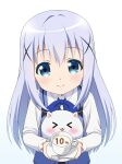  1girl angora_rabbit animal anniversary blue_bow blue_eyes blue_hair blue_vest bow closed_mouth collared_shirt commentary_request cup gaou_(babel) gochuumon_wa_usagi_desu_ka? hair_ornament highres holding holding_saucer kafuu_chino latte_art long_hair rabbit rabbit_house_uniform saucer shirt simple_background smile spoon tippy_(gochiusa) uniform upper_body very_long_hair vest waitress white_background white_shirt x_hair_ornament 