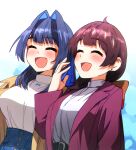  2girls ahoge belt black_belt blue_hair brown_jacket burgundy_jacket ddolbang earrings fangs friends hair_intakes highres hololive hololive_english jacket jewelry laughing multiple_girls official_alternate_costume ouro_kronii ouro_kronii_(casual) ribbon sally_(ouro_kronii) shirt simple_background virtual_youtuber white_shirt 