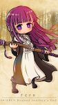  1girl black_robe blunt_bangs character_name copyright_name dress fern_(sousou_no_frieren) gotthi highres holding holding_staff mage_staff purple_eyes purple_hair purple_pupils robe sousou_no_frieren staff straight_hair white_dress 