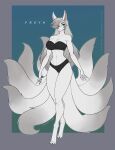 blue_eyes bottomwear bra breasts canid canine cleavage clothed clothing digital_media_(artwork) female fox frey_(lotusgarden) fur hi_res mammal multi_tail panties tail underwear white_body white_fur wmdiscovery93