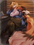 absurd_res anthro big_breasts breasts bunnywhiskerz canid canine chair clothing ear_piercing ear_ring eyewear female fox furniture glasses hi_res legwear mammal office office_chair piercing ring_piercing solo suit thick_thighs tights
