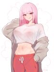 1girl :q absurdres breasts brown_robe dazz_chan hand_in_pocket highres hololive hololive_english large_breasts looking_at_viewer mori_calliope navel open_clothes open_robe pants pink_eyes pink_hair red_pants robe shirt shirt_rolled_up simple_background solo sportswear steaming_body stomach sweat sweatpants toned tongue tongue_out white_background white_shirt 