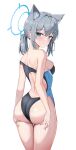  1girl absurdres animal_ear_fluff animal_ears ass bare_arms bare_legs bare_shoulders black_one-piece_swimsuit blue_archive blue_eyes blue_halo blush breasts closed_mouth competition_swimsuit cowboy_shot cross_hair_ornament extra_ears grey_hair hair_ornament halo highres li_se looking_at_viewer medium_breasts medium_hair mismatched_pupils official_alternate_costume one-piece_swimsuit shiroko_(blue_archive) shiroko_(swimsuit)_(blue_archive) simple_background solo swimsuit white_background wolf_ears 
